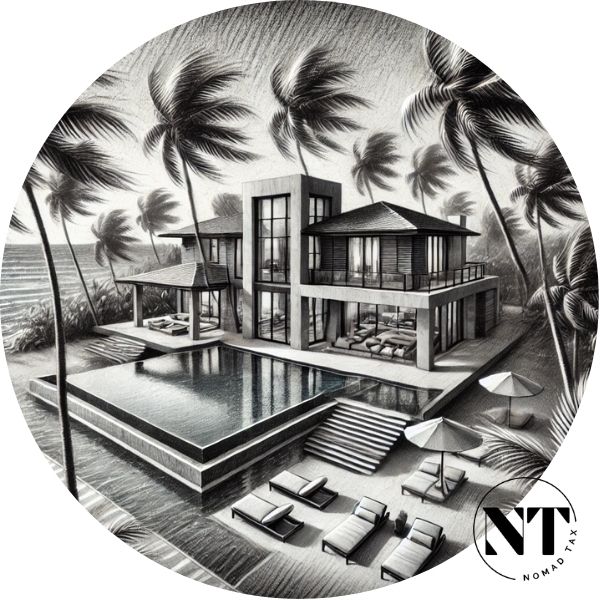 Black-and-white charcoal-style illustration of a luxury Caribbean villa in the Dominican Republic, surrounded by palm trees and tropical vegetation.