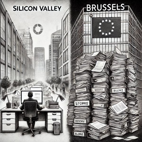 Comparación entre una oficina moderna en Silicon Valley y una oficina europea llena de documentos y burocracia.