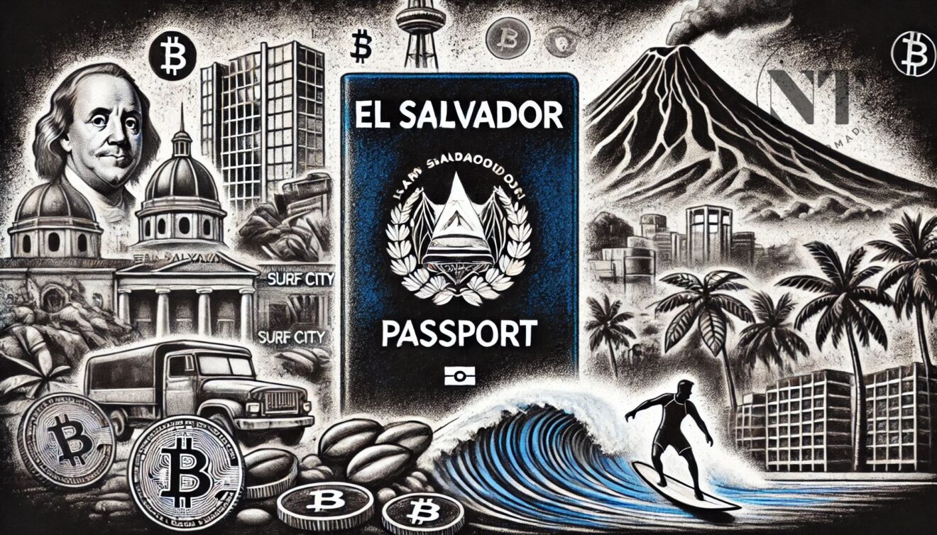 Ilustración en carboncillo de El Salvador con pasaporte salvadoreño, skyline de San Salvador, playas de Surf City y un volcán al fondo.