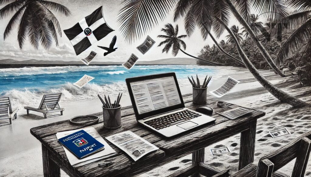 Escritorio rústico en la playa de República Dominicana con una laptop abierta, documentos fiscales volando al viento y un pasaporte dominicano a color sobre la mesa, ideal para quienes buscan información sobre residencia en República Dominicana para expatriados.