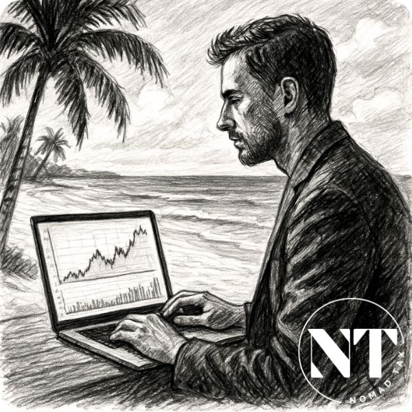 Emprendedor trabajando desde la playa en laptop con gráficos, como símbolo de exilio fiscal y planificación fuera de Europa