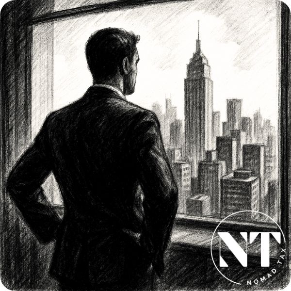 Hombre de negocios mirando la ciudad desde lo alto, representando planificación del exilio fiscal y la pérdida de la residencia fiscal