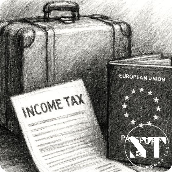 Maleta junto a pasaporte europeo y documento de impuestos como símbolo del exilio fiscal en Europa