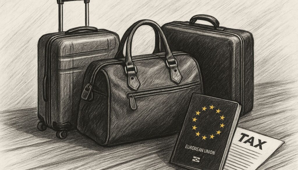 Equipaje junto a pasaporte europeo y documento de impuestos simbolizando el exilio fiscal en Europa