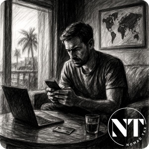 Hombre en su apartamento trabajando con laptop y móvil, símbolo del cruce de datos en la vigilancia fiscal y el espionaje digital