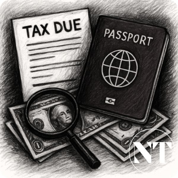 Ilustración en carboncillo con detalles en color que muestra un pasaporte, billetes, una lupa y un recibo marcado como “TAX DUE”, simbolizando el control fiscal y el impuesto por nacionalidad.