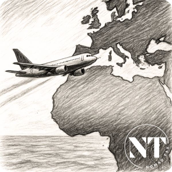 Avión volando desde Europa hacia Latinoamérica, representando la migración hacia los mejores países sin impuestos en 2025.