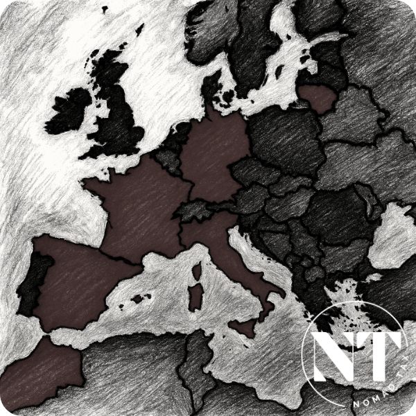 Mapa ilustrado en carboncillo donde se destacan Francia, España, Italia y Alemania, países que ya debaten o han planteado aplicar el impuesto por nacionalidad.