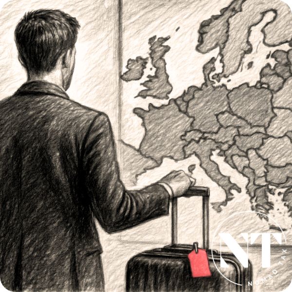 Hombre con maleta observando el mapa de Europa, simbolizando el inicio del exilio fiscal hacia los mejores países sin impuestos en 2025.