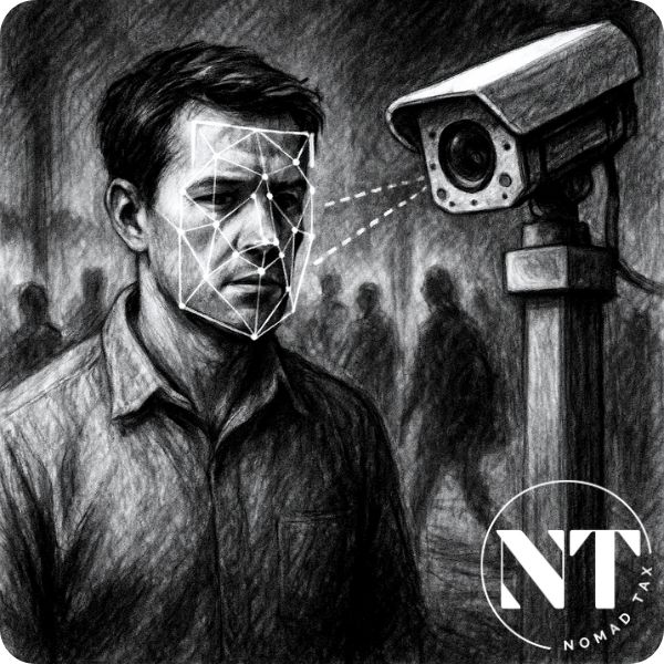 Hombre observado por una cámara de seguridad que activa escaneo facial, ilustración en carboncillo sobre vigilancia fiscal y el espionaje digital