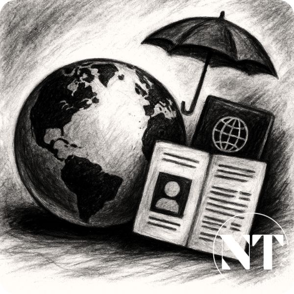  Ilustración en carboncillo con detalles de color mostrando un globo terráqueo, pasaportes y un paraguas, como metáfora visual del segundo pasaporte como escudo ante el impuesto por nacionalidad.
