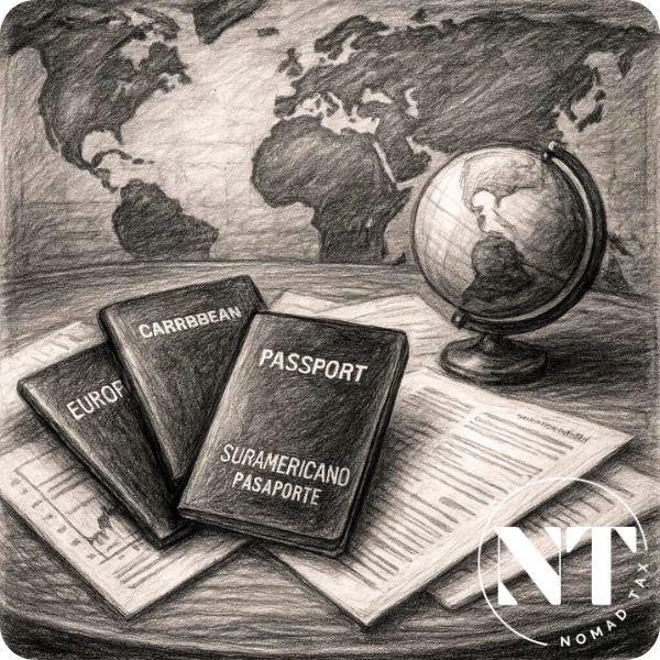 Tres pasaportes sobre una mesa con documentos financieros, símbolo de la estrategia fiscal global en los mejores países sin impuestos en 2025