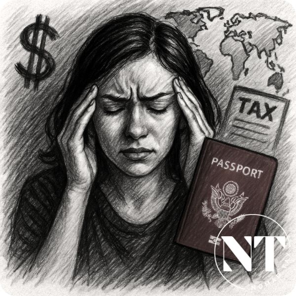 Ilustración en blanco y negro con detalles de color, mostrando a una mujer pensativa frente a una ventana con símbolos de impuestos, geolocalización y documentos. Representa la ansiedad fiscal provocada por el impuesto por nacionalidad en 2025.