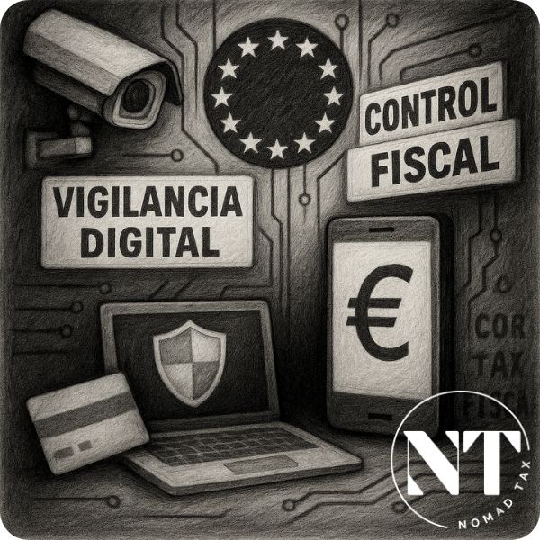 Dibujo con símbolos del control digital: tarjeta, móvil con símbolo euro, cámara y escudo, sobre la vigilancia fiscal y el espionaje digital