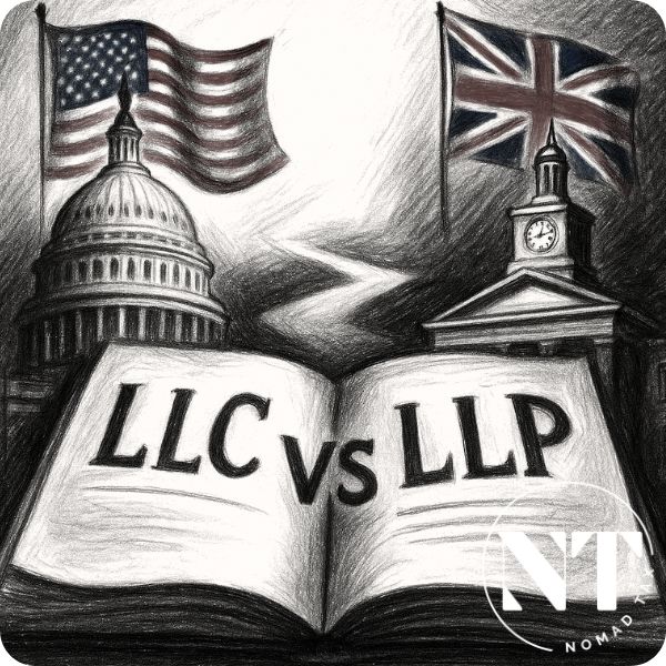 Charcoal illustration showing two different legal structures with symbolic elements from the United States and the United Kingdom. The image visually highlights the comparison between an LLC and an LLP within the 3 examples of offshore companies in 2025.