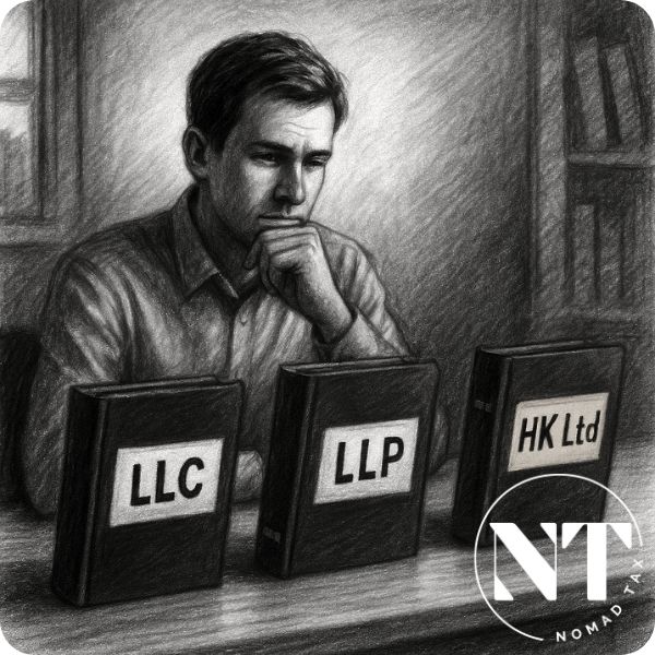 Charcoal illustration of a thoughtful man at his desk, looking at three folders labeled LLC, LLP, and HK Ltd. The image reflects strategic analysis when choosing the best jurisdiction among the 3 examples of offshore companies most used in 2025.