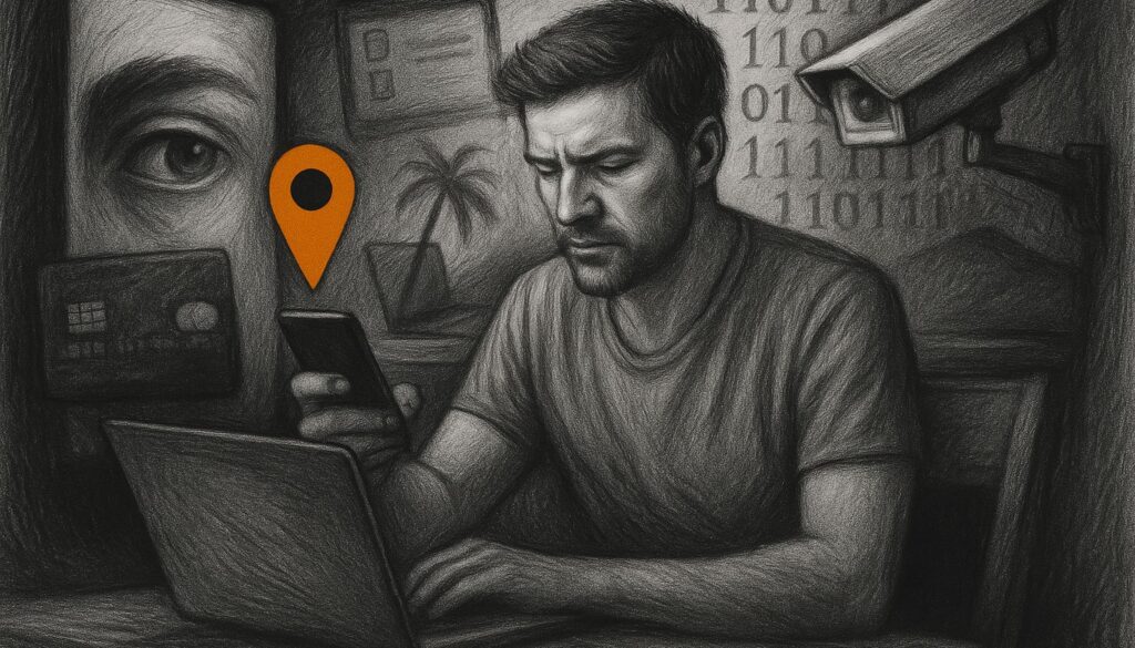 Hombre concentrado usando el móvil, rodeado de íconos digitales, cámaras y rastreadores, simbolizando la vigilancia fiscal y espionaje digital en 2025