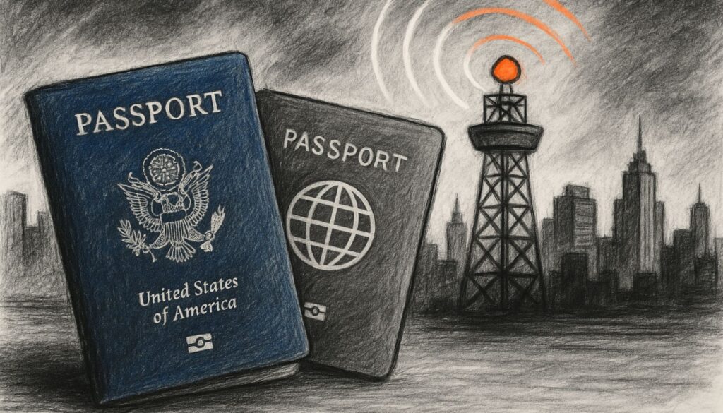 Ilustración en blanco y negro estilo carboncillo de un entorno urbano con elementos simbólicos como pasaportes, radares y escaneo digital. Representa visualmente el concepto de impuesto por nacionalidad y la vigilancia fiscal en 2025.
