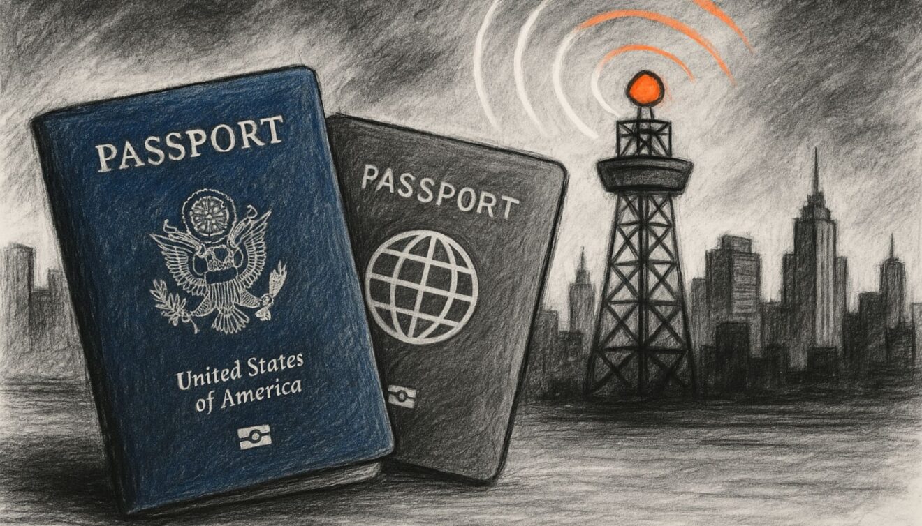 Ilustración en blanco y negro estilo carboncillo de un entorno urbano con elementos simbólicos como pasaportes, radares y escaneo digital. Representa visualmente el concepto de impuesto por nacionalidad y la vigilancia fiscal en 2025.