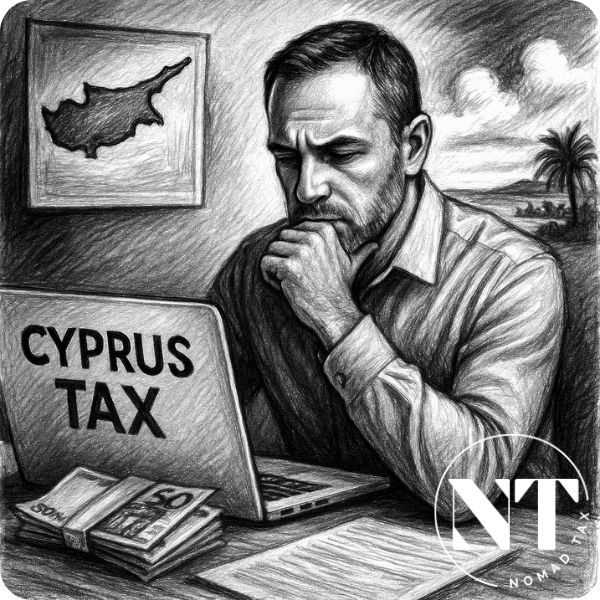 Ilustración en carboncillo de un emprendedor observando el mar desde Chipre, con dinero, documentos fiscales y arquitectura mediterránea, representando las reformas fiscales y los impuestos en Chipre 2026.