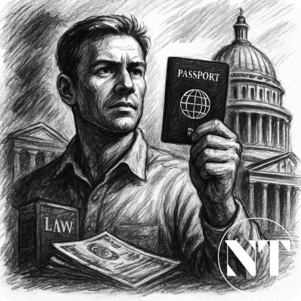 Ilustración en carboncillo de un hombre sosteniendo un pasaporte frente a un edificio gubernamental clásico, con libros de leyes y documentos. Representa las responsabilidades y beneficios de obtener segunda nacionalidad legalmente mediante ciudadanía por inversión.
