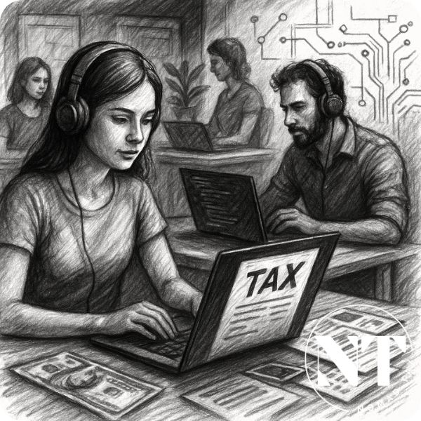 Ilustración en carboncillo de nómadas digitales trabajando en laptops con documentos fiscales y billetes, simbolizando los impuestos en Chipre 2026 para negocios online.