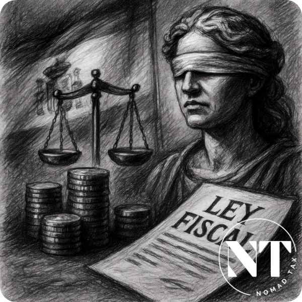 Ilustración en blanco y negro que muestra a la justicia con los ojos vendados, balanza y una ley fiscal en referencia a la macrocausa contra Hacienda.