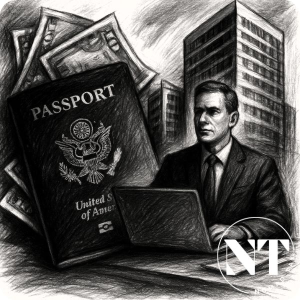 Ilustración en carboncillo de un hombre de negocios trabajando con un pasaporte visible, rodeado de edificios corporativos y billetes. Representa cómo tener un segundo pasaporte mediante ciudadanía por inversión puede facilitar el acceso bancario y empresarial global.