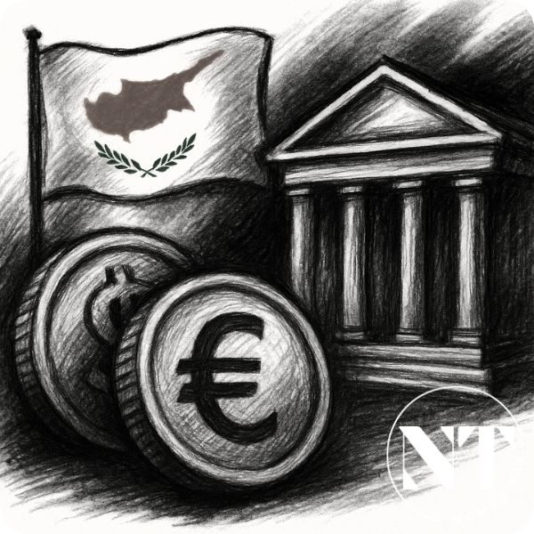Ilustración en carboncillo con la bandera de Chipre, monedas de euro y dólar, y una institución fiscal, representando los Impuestos en Chipre 2026 y su estructura económica en 2026.