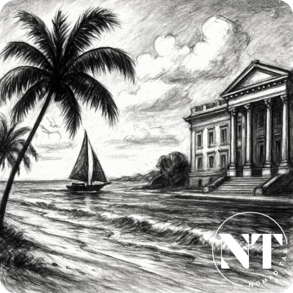 Ilustración en carboncillo de una playa caribeña frente a un edificio institucional europeo, en contraste visual. Representa el cambio de paradigma hacia los países que dan ciudadanía por inversión como alternativa legal para obtener segunda nacionalidad legalmente.