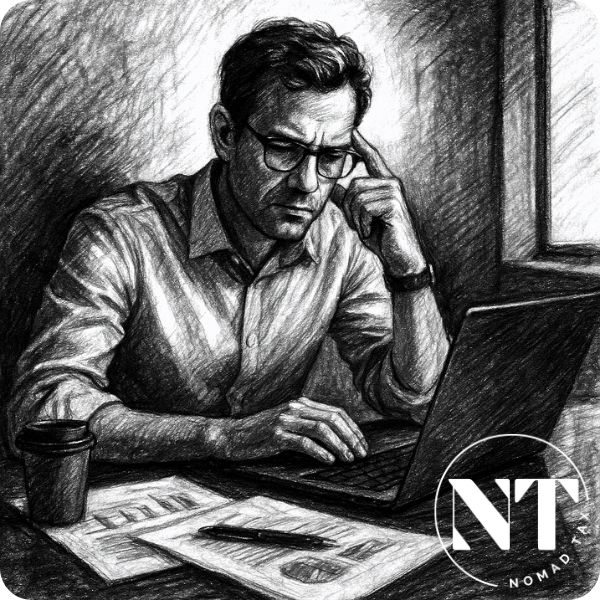 Ilustración en carboncillo de un emprendedor digital trabajando con su laptop frente a documentos financieros, representando los impuestos en Chipre 2026 y su impacto en 2026.