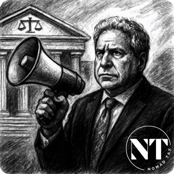 Retrato ilustrado de Robert Amsterdam con un megáfono, denunciando la macrocausa contra Hacienda por abusos fiscales.