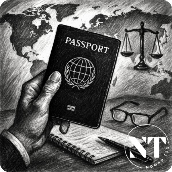 Mano sosteniendo un pasaporte frente a un mapa del mundo, junto a una libreta, balanza y gafas, en dibujo estilo carboncillo. Representa cómo tener un segundo pasaporte a través de una ciudadanía por inversión de forma legal y estratégica.