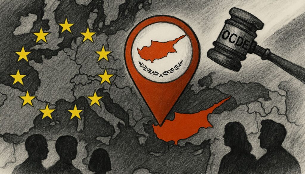 Ilustración de Chipre destacada sobre el mapa de Europa con estrellas de la Unión Europea, siluetas humanas y un mazo con la sigla OECD, simbolizando los impuestos en Chipre en 2026.