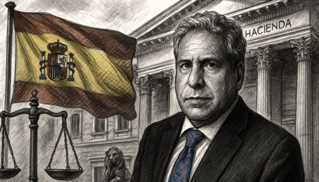 Portrait of Robert Amsterdam with the Spanish Tax Agency building and Spanish flag in the background, symbolizing the legal case against the Spanish Tax Agency and the abuses by Spain’s Tax Agency reported in 2025.