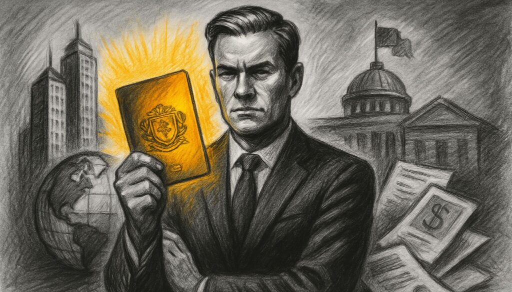 Hombre sosteniendo pasaporte brillante en primer plano, rodeado de símbolos institucionales, en imagen estilo carboncillo blanco y negro. Representa la ciudadanía por inversión como estrategia legal para obtener segunda nacionalidad legalmente.