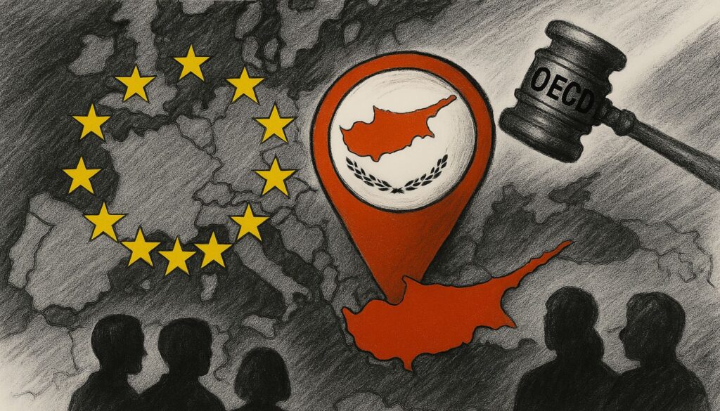 Illustration of Cyprus highlighted on the map of Europe, with European Union stars, human silhouettes, and a gavel marked with the OECD acronym — symbolizing Taxes in Cyprus 2026.