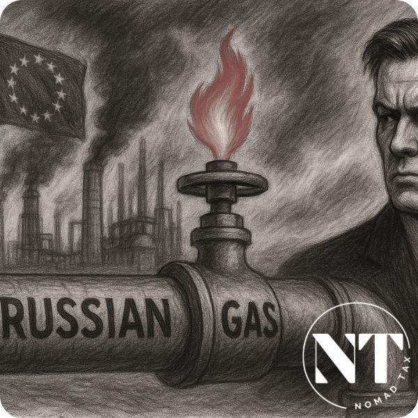 Hombre de rostro severo frente a una válvula de gas marcada como "Russian Gas", con fábricas y bandera europea al fondo, simbolizando las Causas Reales de la Crisis Energética y la dependencia geopolítica.