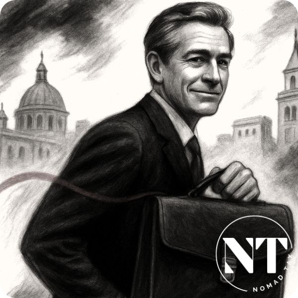 Ejecutivo sonriente caminando con maletín en mano, dejando atrás un fondo europeo difuso, simbolizando una salida estratégica frente a la Persecución fiscal en Europa.