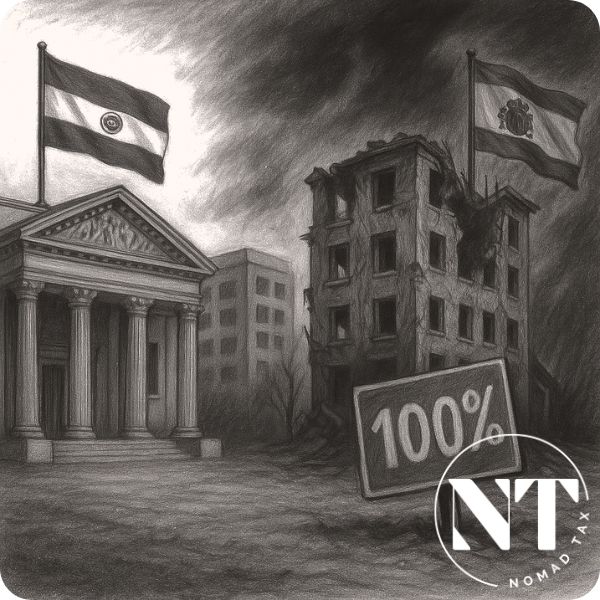 Ilustración en blanco y negro de un edificio sólido con la bandera de Paraguay y otro en ruinas con la bandera de la UE, junto a un cartel con "100%", representando visualmente el Crecimiento económico en Paraguay frente a la decadencia europea y un posible impuesto del 100%.