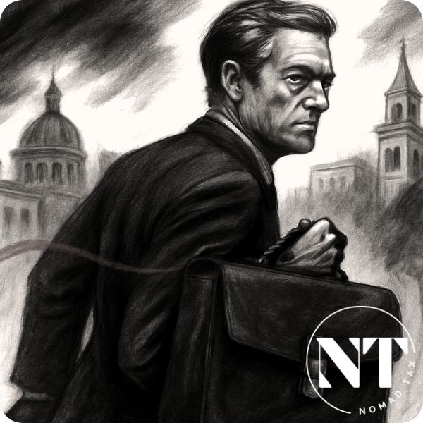 Ilustración en carboncillo que representa la Persecución fiscal en Europa, con un hombre de negocios mirando hacia atrás mientras carga un maletín cerrado, en una atmósfera opresiva.