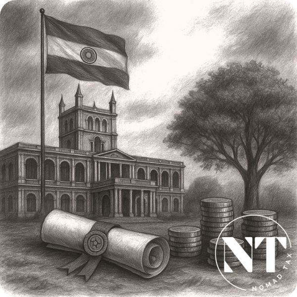 Ilustración en blanco y negro de un documento legal sellado, pilas de monedas y la bandera de Paraguay ondeando frente a un edificio gubernamental, simbolizando crecimiento económico en Paraguay con seguridad jurídica y oportunidades de inversión.
