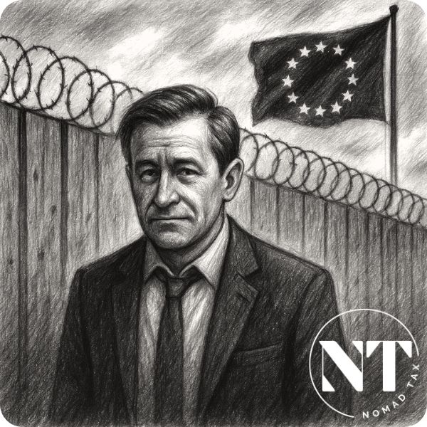 Ilustración en carboncillo de un hombre elegante frente a una valla con alambre de púas y la bandera de la UE, representando la Persecución fiscal en Europa en 2025