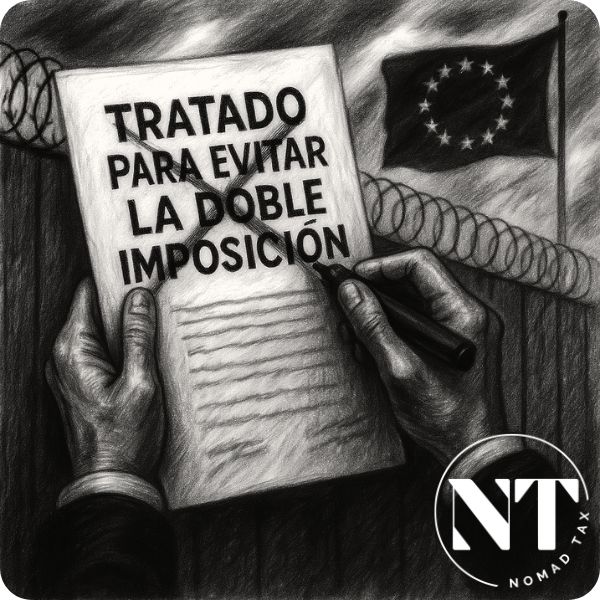 Documento de tratado fiscal tachado con marcador negro frente a una cerca con alambre de púas y la bandera de la Unión Europea, representando la Persecución fiscal en Europa.
