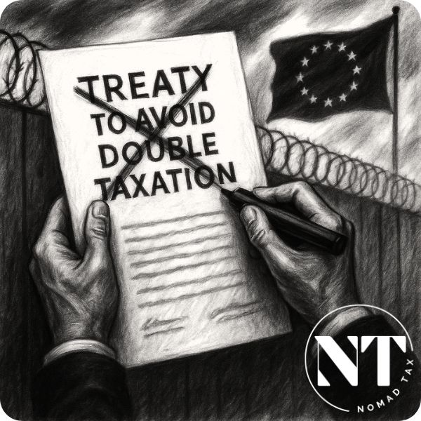 A tax treaty document crossed out with black marker, shown against barbed wire and the EU flag—depicting Fiscal Persecution in Europe.