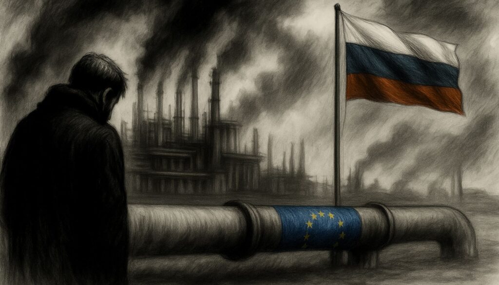 Black and white charcoal-style illustration featuring a gas pipeline, a colored Russian flag, and a man with his back turned, visually representing the Real Causes of the Energy Crisis in Europe.