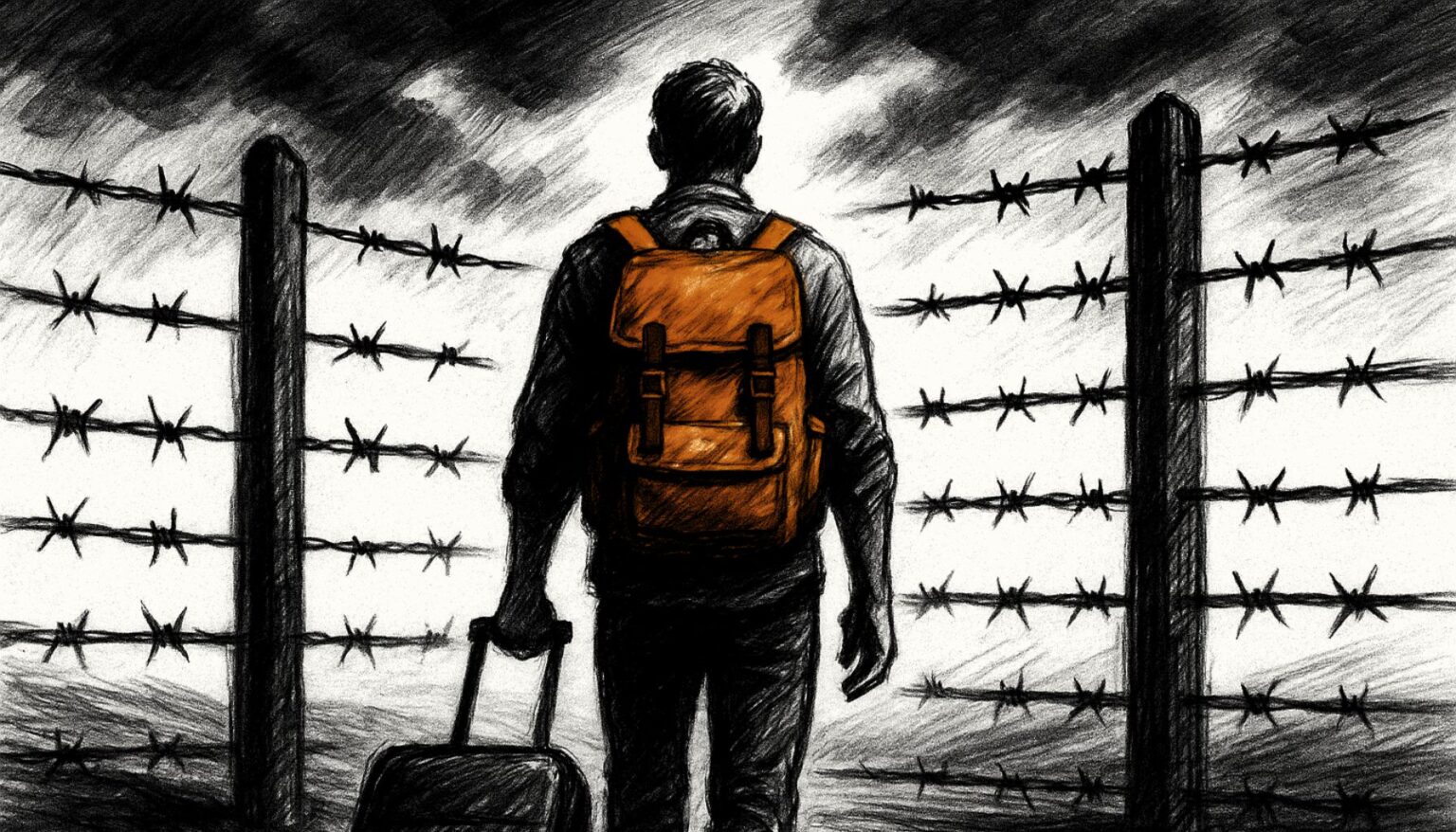 Black and white illustration showing an invisible wall blocking a human figure; a red accent symbolizes state pressure. Represents Fiscal Persecution in Europe and the rise of the Exit Tax.