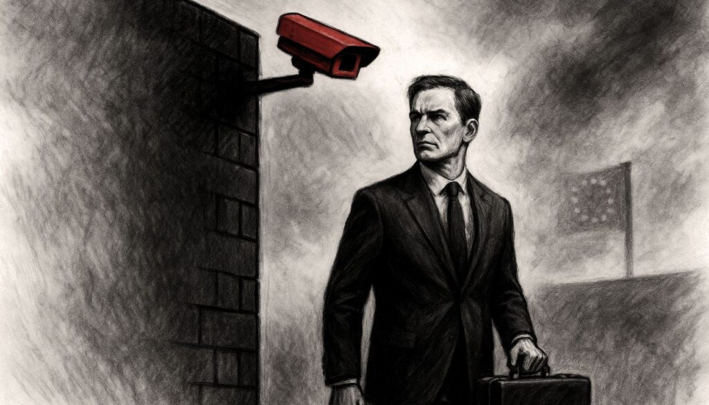 Ilustración en carboncillo con detalles rojos, muestra a un hombre de negocios vigilado por una cámara sobre un muro oscuro, con una bandera de la UE al fondo. Representa la trazabilidad fiscal en Europa y la pérdida de soberanía financiera.