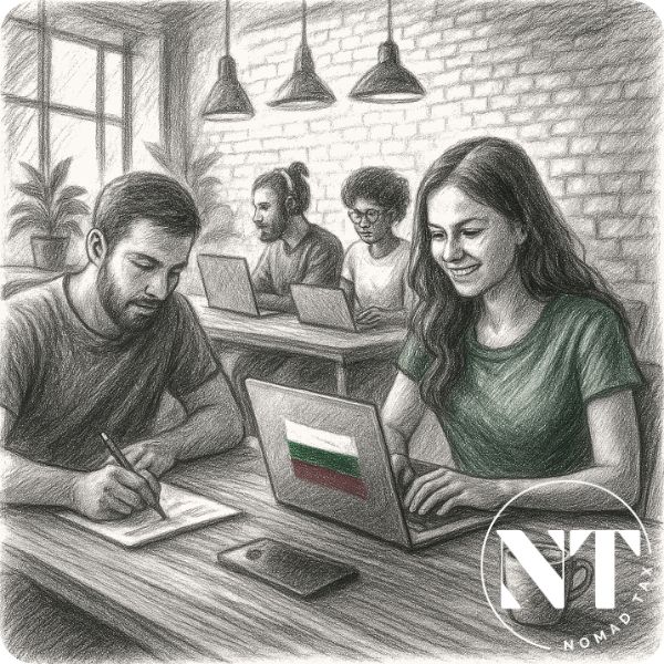 Digital nomads working in a coworking space in Sofia, with the Bulgarian flag on a laptop, symbolizing opportunities linked to taxes in Bulgaria.