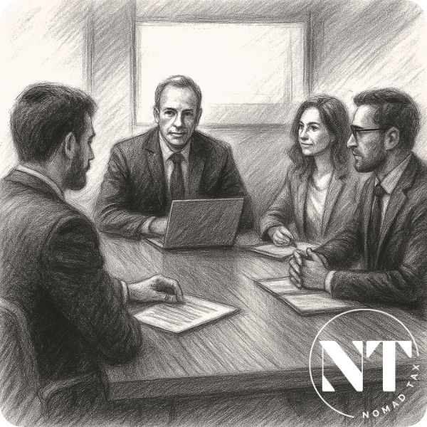 Business leaders in a charcoal-style meeting, symbolizing strategic agreements and planning around taxes in Bulgaria.